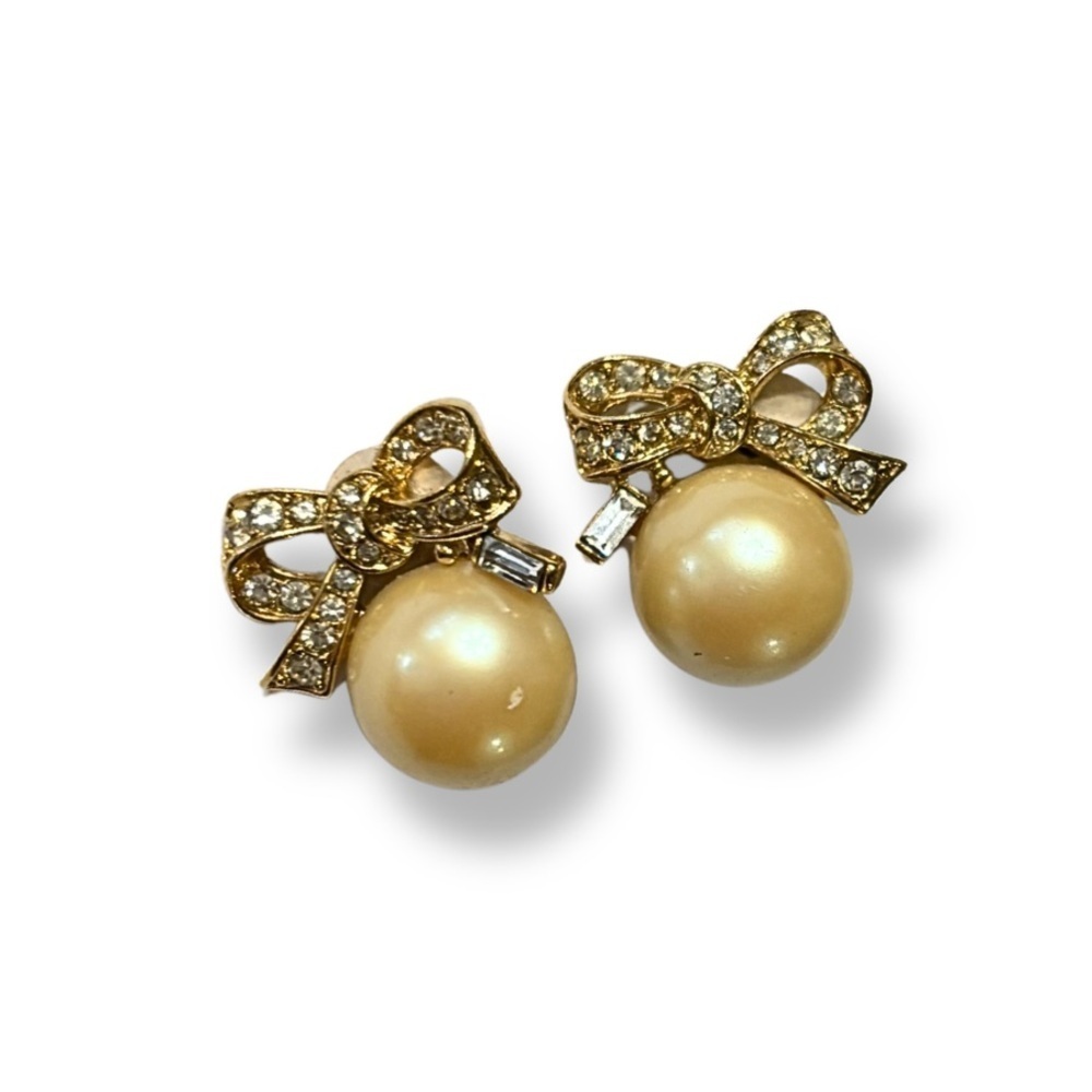 Vintage Nina Ricci Paris Bow Faux Pearl Rhinestone Clip-On Earrings